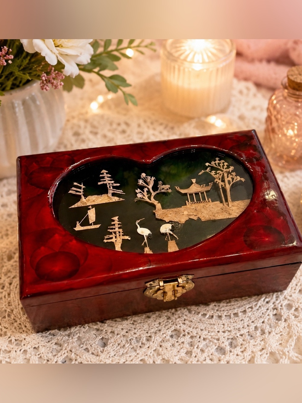 Vintage Chinese Cork Art Wooden Jewelry Trinket Box Heart Lid Red Lacquer